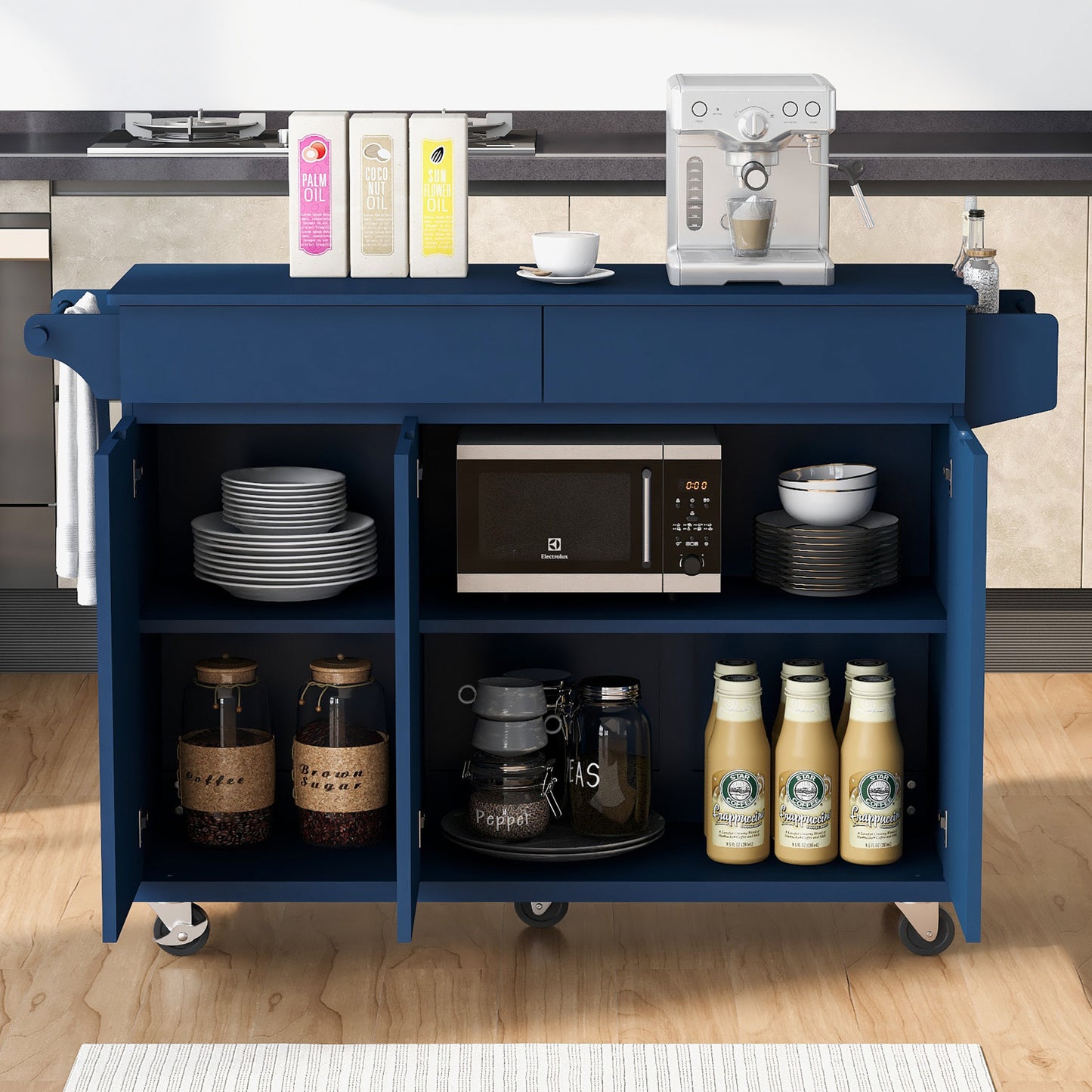 K&K 53.2''  Kitchen Island with Drop Leaf, Kitchen Storage Cart with Spice Rack, Towel Rack and 2 Drawers, Rolling Kitchen Island on Wheels with Adjustable Shelves for Kitchen, Dining Room, Navy Blue