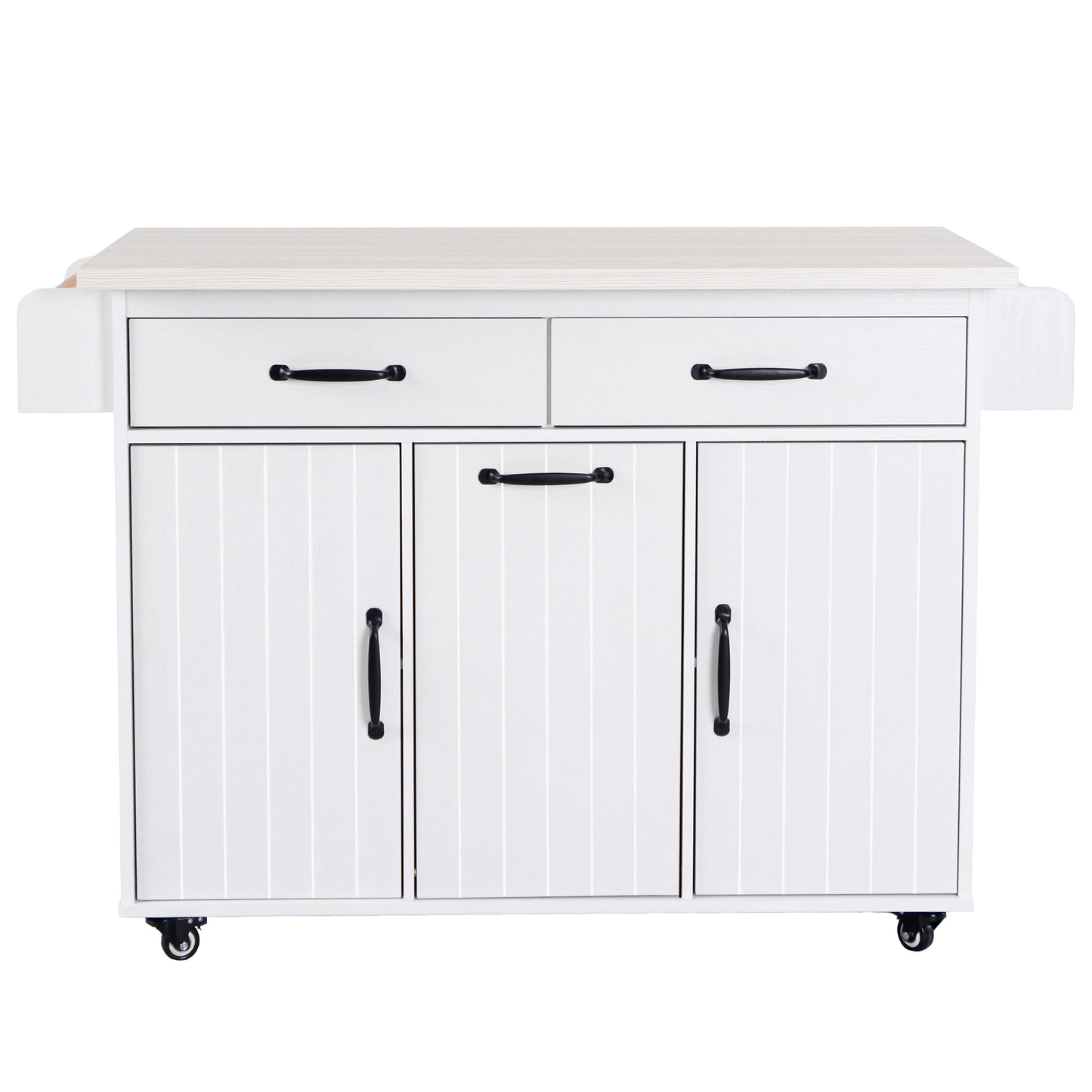 K&K Kitchen Island with Trash Can Storage Cabinet, Kitchen Cart with Drop Leaf, Spice Rack, Towel Rack and Drawer, Rolling Kitchen Island on Wheels with Adjustable Shelf, White