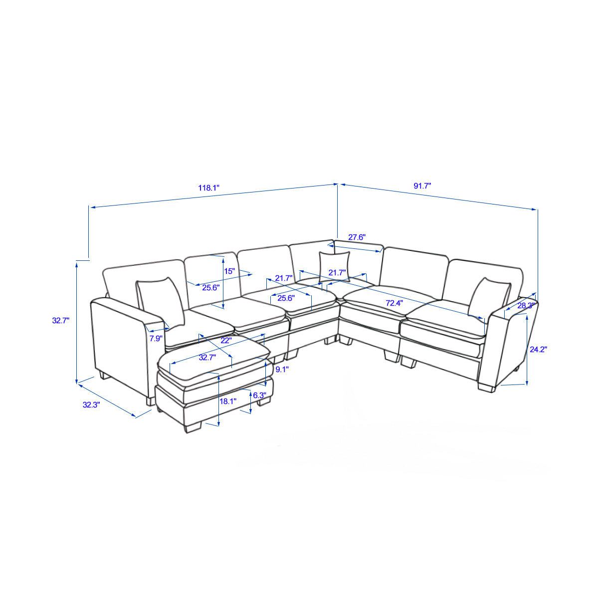 L Shaped 6-Seat Sofa Couch with Chaise Sectional