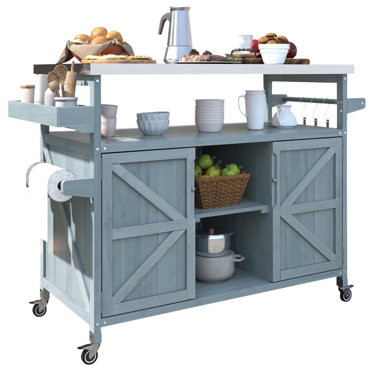 K&K Outdoor Kitchen Island, Rolling Bar Cart & Storage Cabinet, Farmhouse Solid Wood Outdoor Grill Table with Stainless Steel Top, Spice Rack , Towel Rack for Kitchen & BBQ , Grey Blue