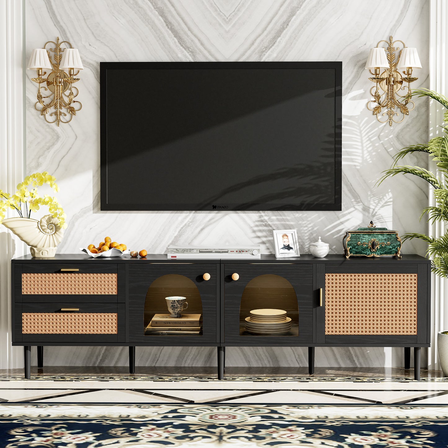 Rattan TV Stand with 3 Cabinets & 2 Drawers, Rattan-inspired Media Console Table for TVs up to 80'', LED Light Entertainment Center, TV cabinet for Living room, Bedroom, Home Theatre