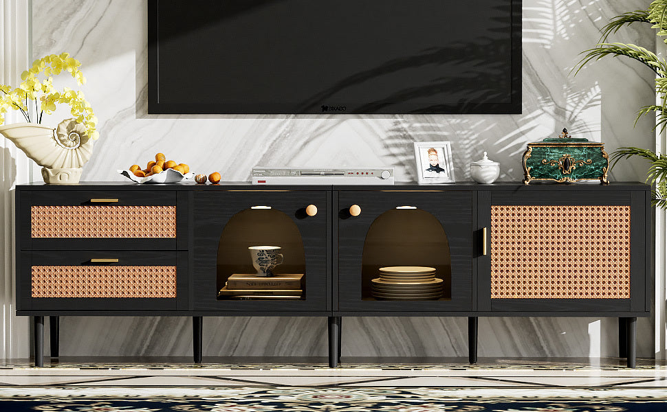 Rattan TV Stand with 3 Cabinets & 2 Drawers, Rattan-inspired Media Console Table for TVs up to 80'', LED Light Entertainment Center, TV cabinet for Living room, Bedroom, Home Theatre