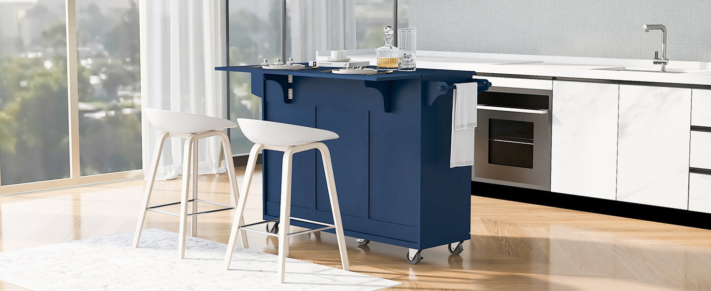 K&K 53.2''  Kitchen Island with Drop Leaf, Kitchen Storage Cart with Spice Rack, Towel Rack and 2 Drawers, Rolling Kitchen Island on Wheels with Adjustable Shelves for Kitchen, Dining Room, Navy Blue