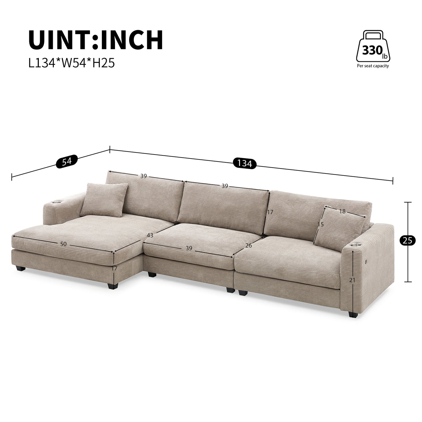 Oversized Corduroy L-Shaped Sectional Sofa with USB Ports & Cup Holders