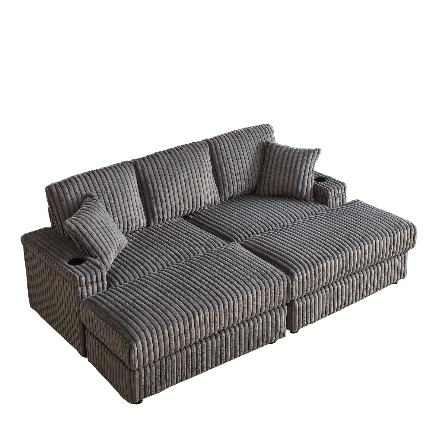 Corduroy 3-Seater Gray Sofa with Ottoman, Storage, & Cup Holders