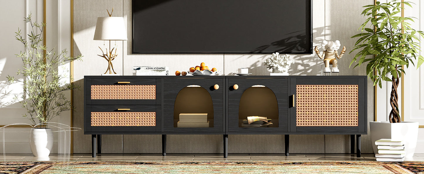 Rattan TV Stand with 3 Cabinets & 2 Drawers, Rattan-inspired Media Console Table for TVs up to 80'', LED Light Entertainment Center, TV cabinet for Living room, Bedroom, Home Theatre