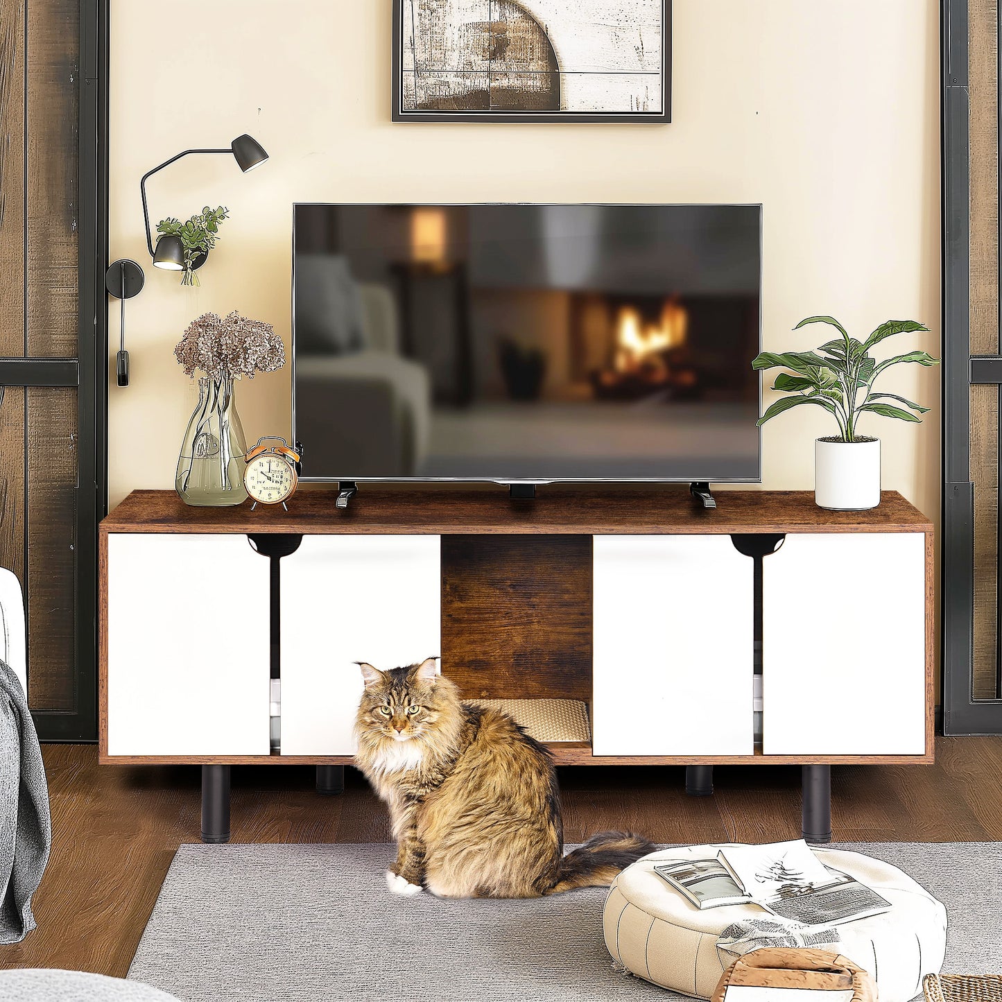 Entertainment Center & Enclosure for 2 Cats, Double Hidden Litter Box For up to 55" TV's