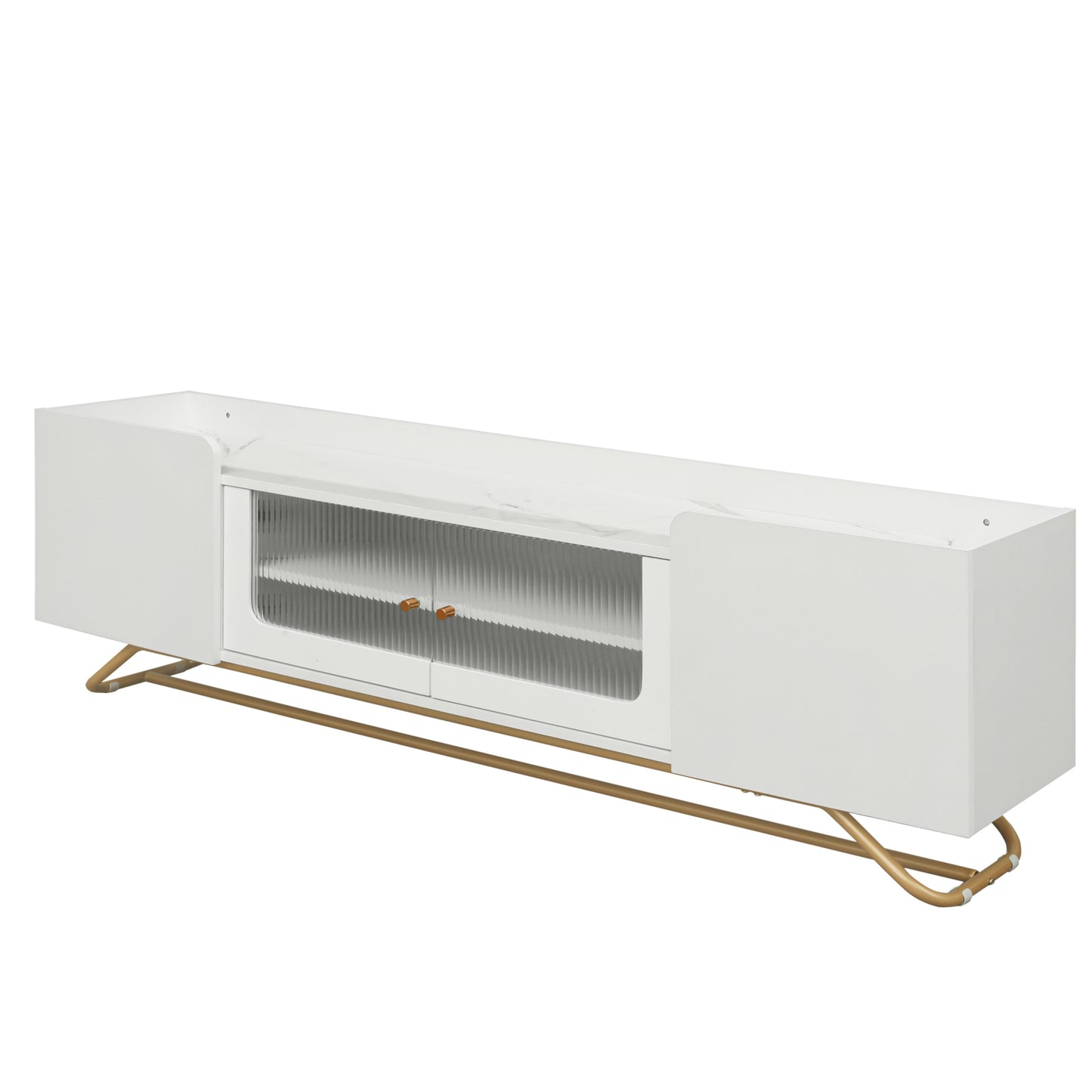 ON-TREND Sleek Design TV Stand with Fluted Glass, Contemporary Entertainment Center for TVs Up to 70", Faux Marble Top TV Console Table with Gold Frame Base, White