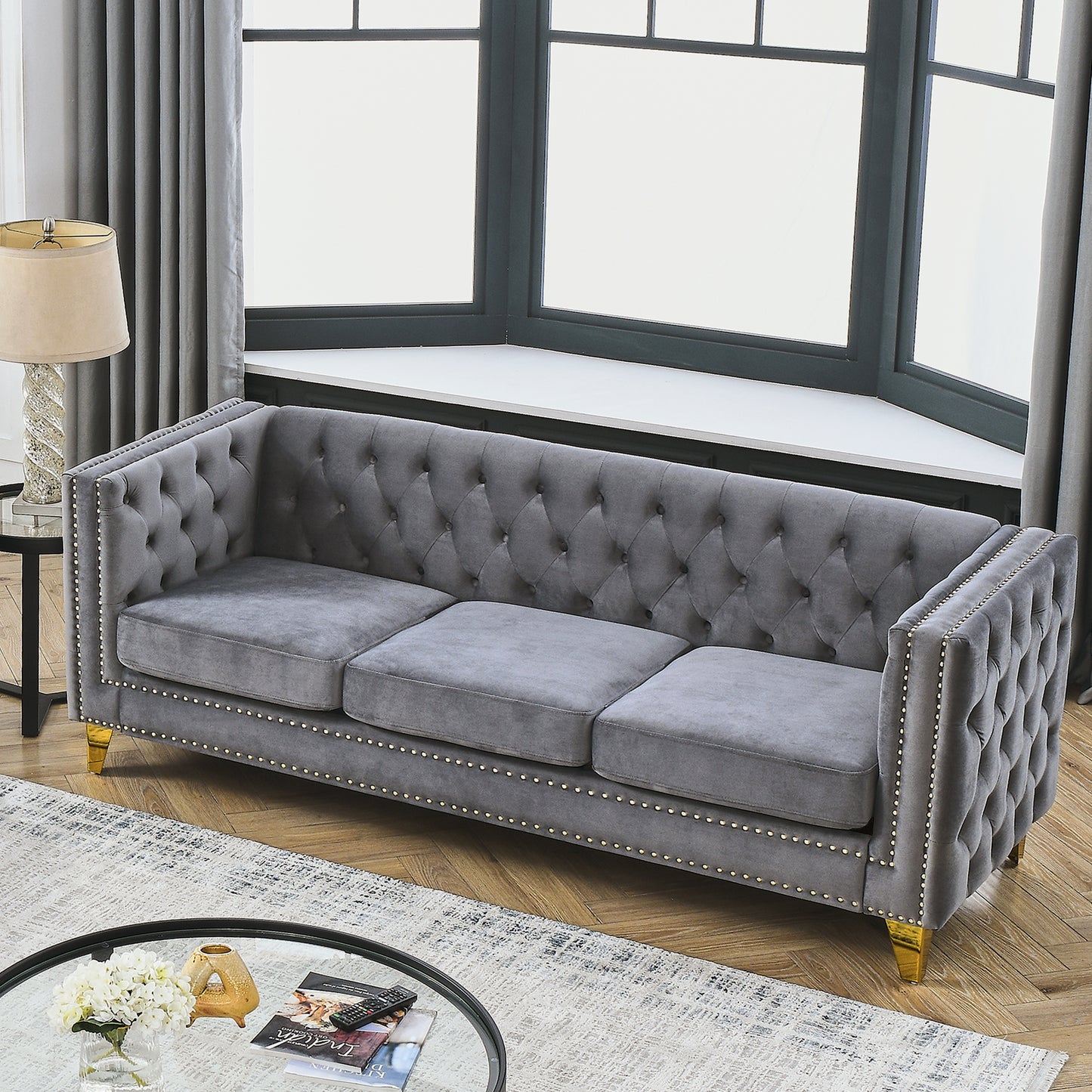 Velvet Tufted Square Arm Couch with Metal Legs - 2pcs