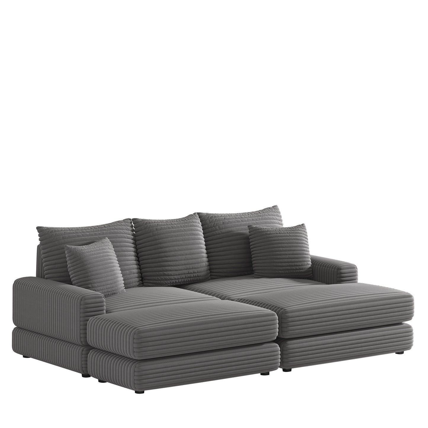 Corduroy 3-Seater Sofa with Dual Ottomans & Plush Pillows