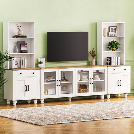 ON-TREND Farmhouse TV Stand with Solid Wood Gourd-Shaped Legs for TVs Up to 70", Entertainment Center with Bookshelves & Tempered Glass Doors, Media Console with Adjustable Shelves, Living Room, White