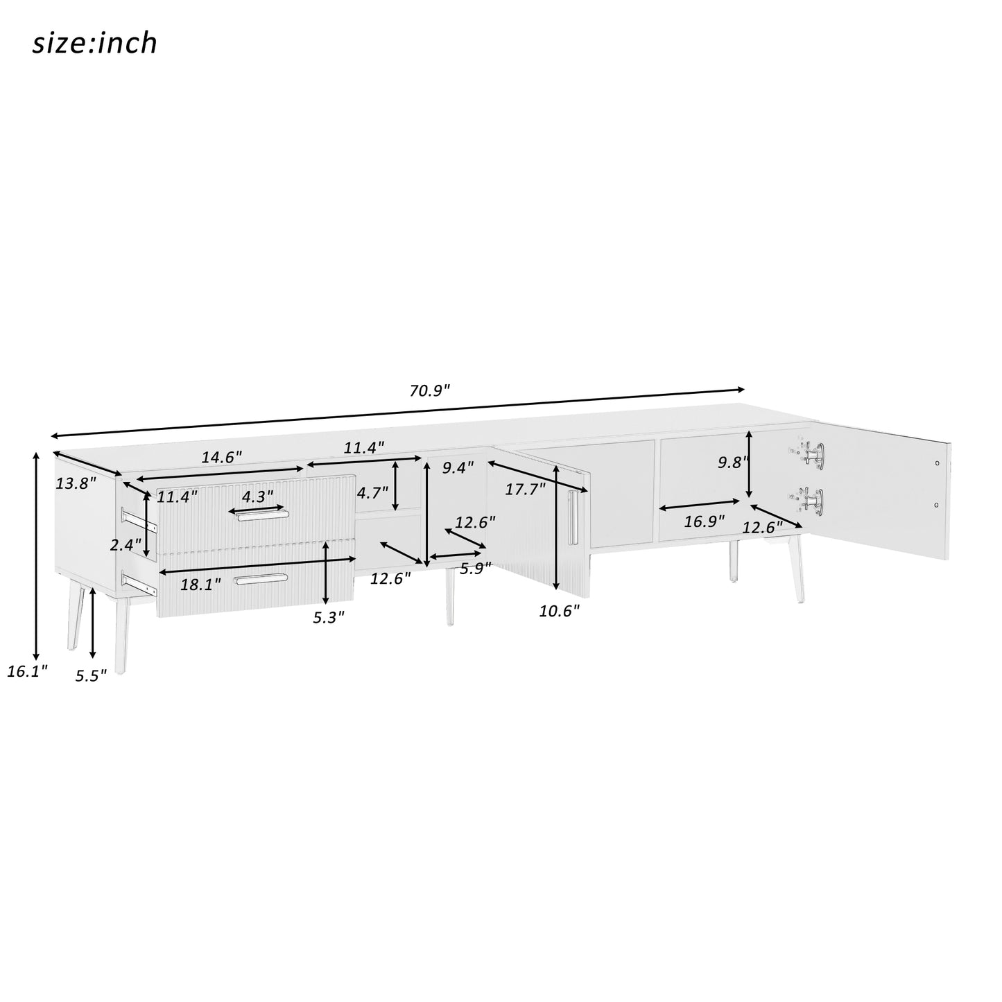 U-Can Modern TV Stand with 5 Champagne legs - Durable, stylish, spacious, versatile storage TVS up to 77" (White)