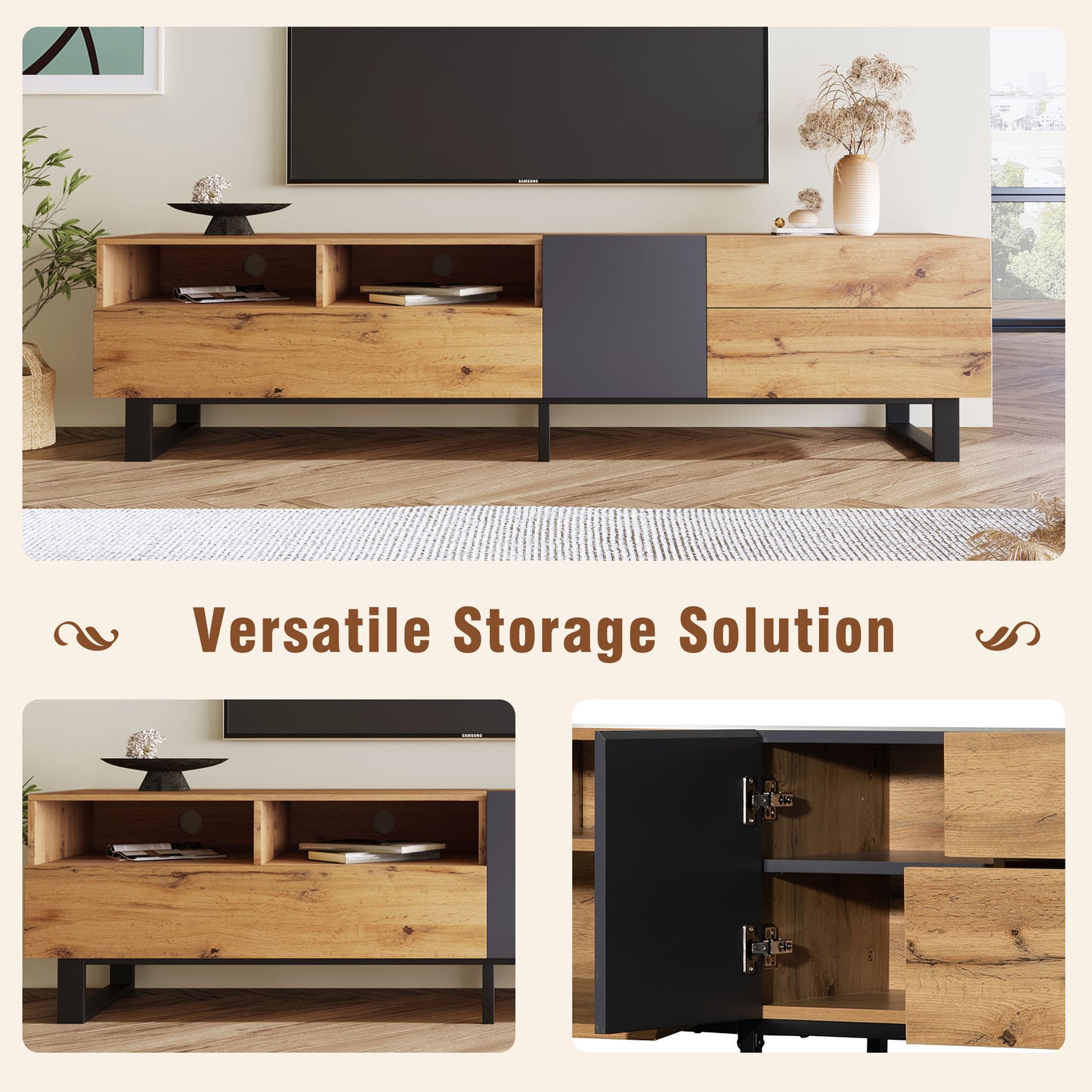 Modern TV Stand with Double Storage and Drop-Down Doors For up to 80'' TV's