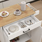 Kitchen island rolling trolley cart with Adjustable Shelves & towel rack & seasoning rack rubber wood table top-White