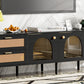 Rattan TV Stand with 3 Cabinets & 2 Drawers, Rattan-inspired Media Console Table for TVs up to 80'', LED Light Entertainment Center, TV cabinet for Living room, Bedroom, Home Theatre