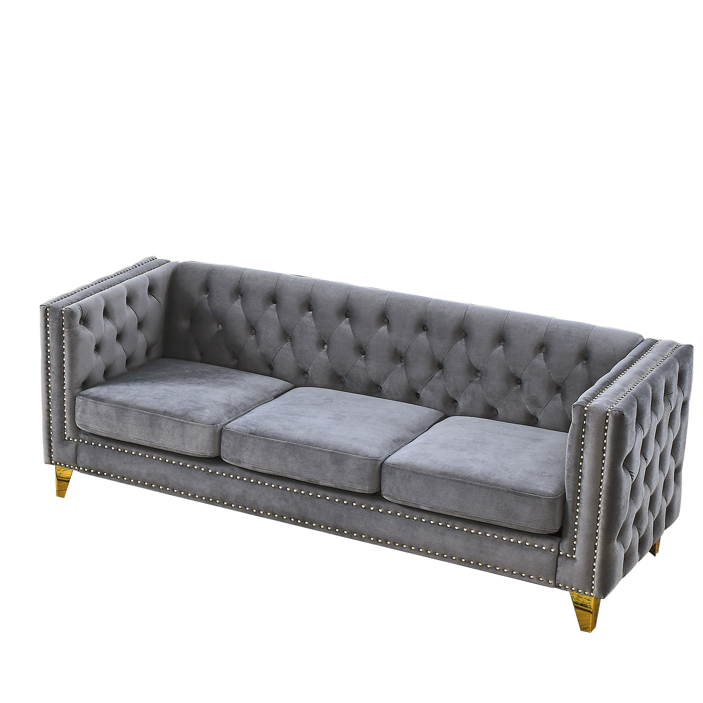 Velvet Tufted Square Arm Couch with Metal Legs - 2pcs