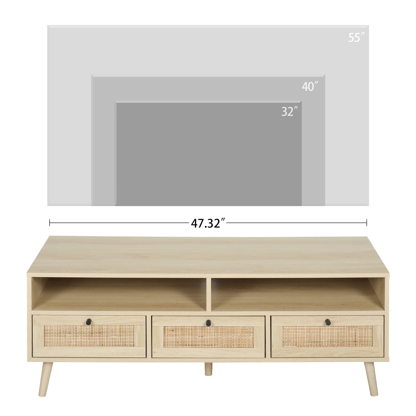 Rattan TV Stand with Solid Wood Feet, TV Console Table for Living Room, Natural