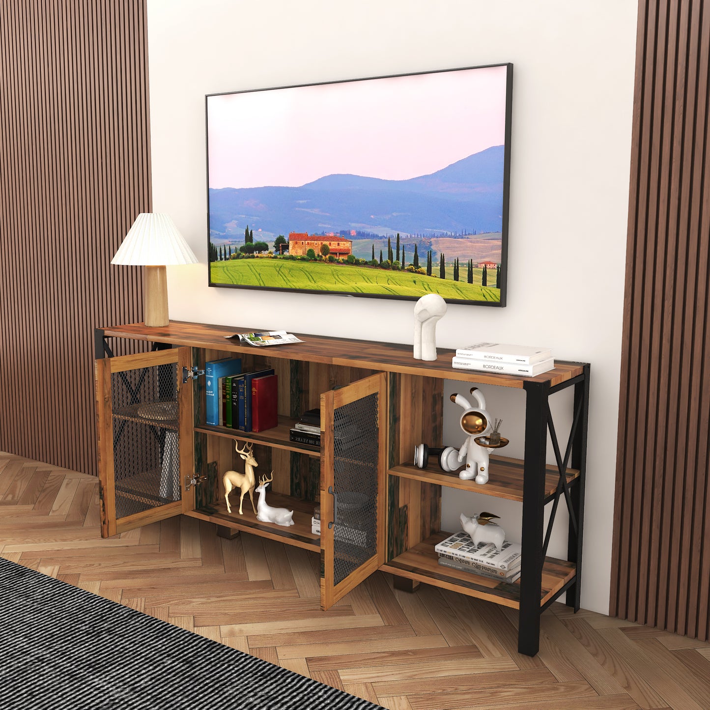 Farmhouse TV Stand For up to 80'' TV's - Metal Open Bookshelf