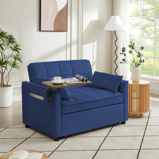 Blu Velvet Loveseat Sleeper Sofa Bed with Side Table