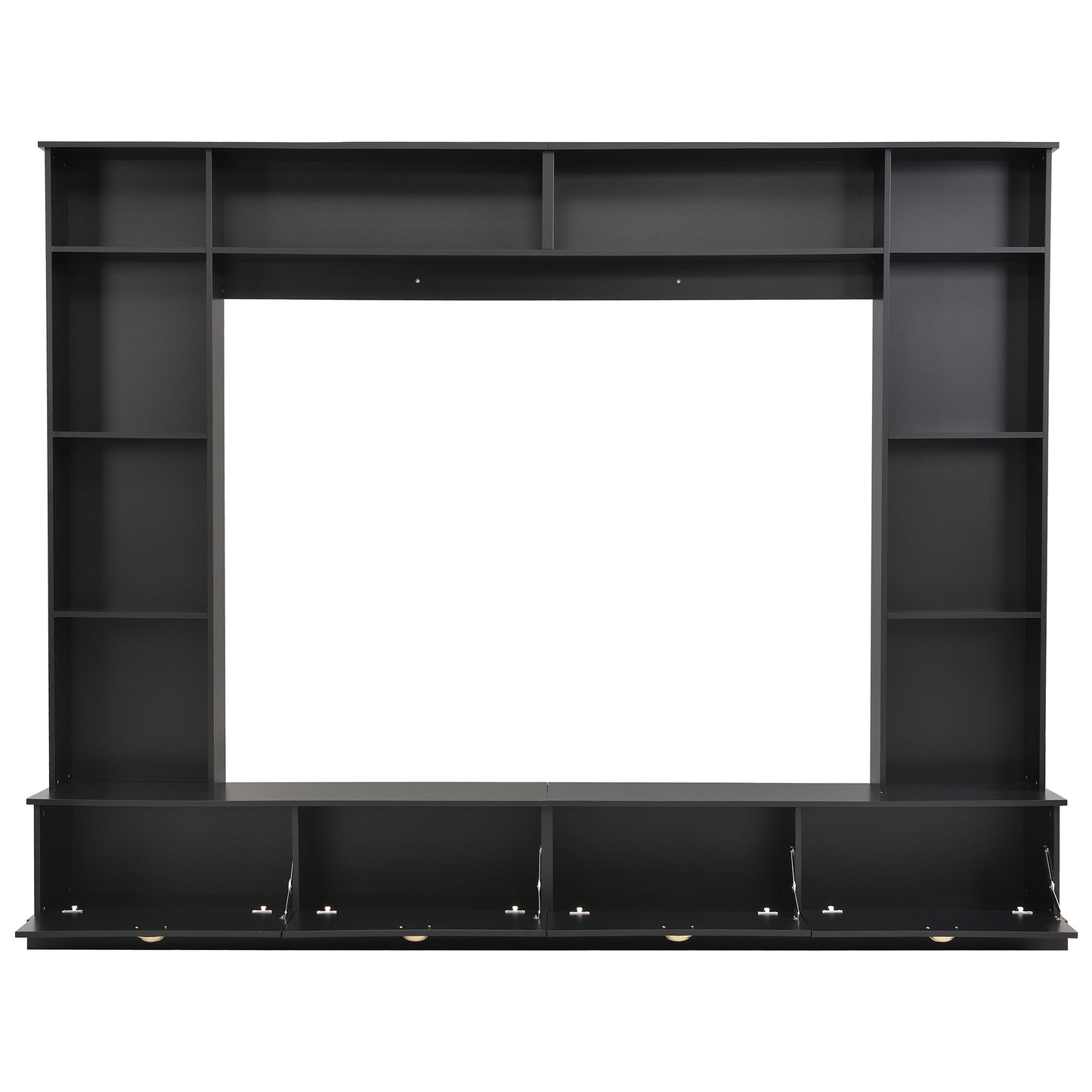 ON-TREND Large Wall Unit Entertainment Center with Bookshelves for TVs Up to 78'', Modern TV Console with Cabinets and Open Shelves, 4-in-1 TV Stand with Golden Handles, Black, 104.2''W*81.2''H