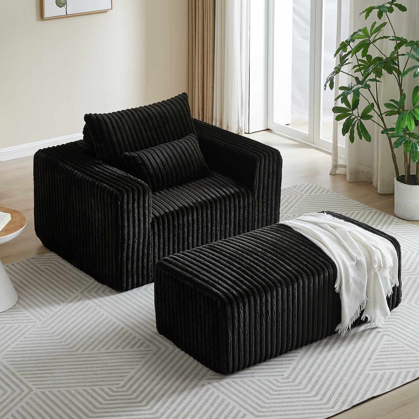 Corduroy Lounge Chair & Footrest – Fluffy Sleeper Sofa for Modern Comfort, Black