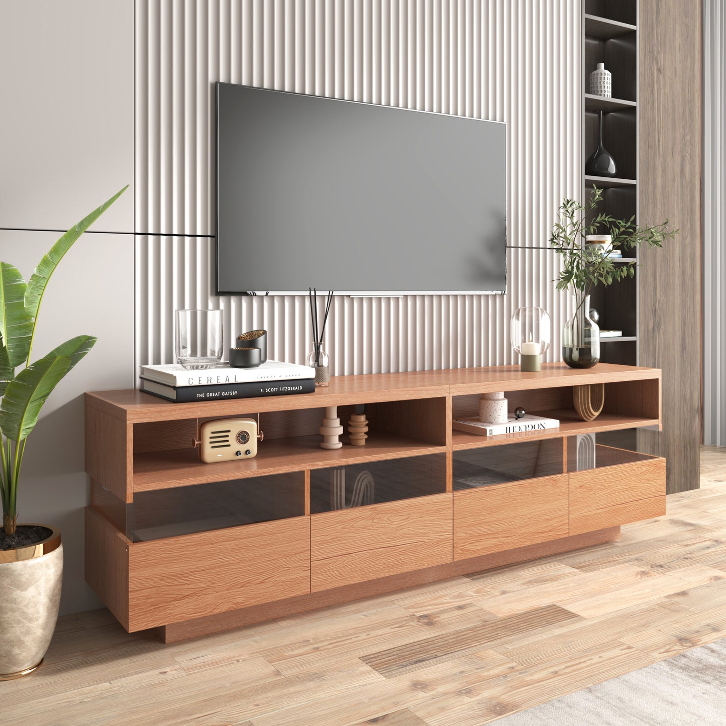 Modern TV Stand with 4 Drawers & 2 Open Cabinets For up to 75" TV's