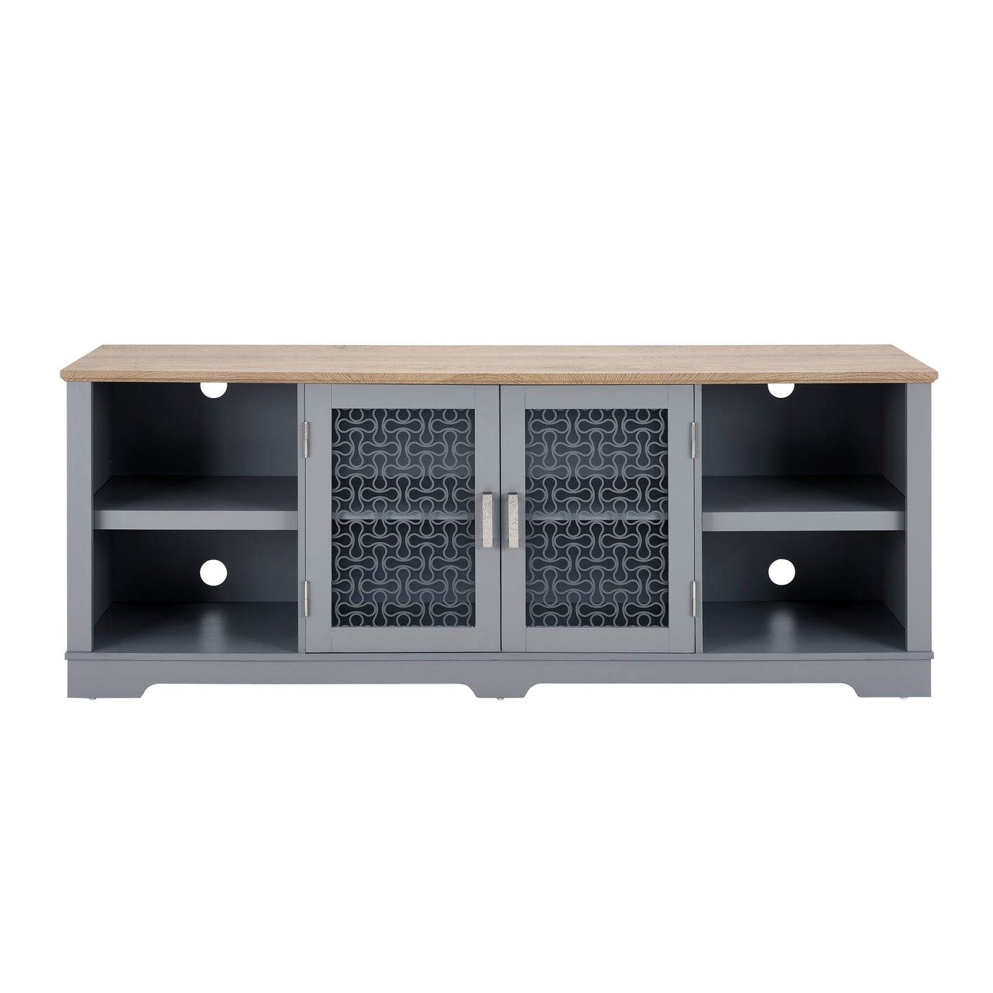 Modern Farmhouse Entertainment Console with Glass Door Cabinets and Open Shelves for up to 80'' TV's