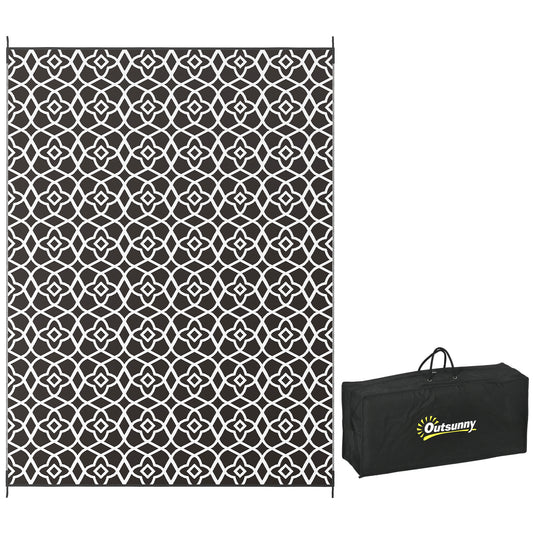 Outsunny Reversible Outdoor Rug, 9' x 12' Waterproof Plastic Straw Floor Mat, Portable RV Camping Carpet with Carry Bag, Large Floor Mat for Backyard, Deck, Picnic, Beach, Black & White Clover