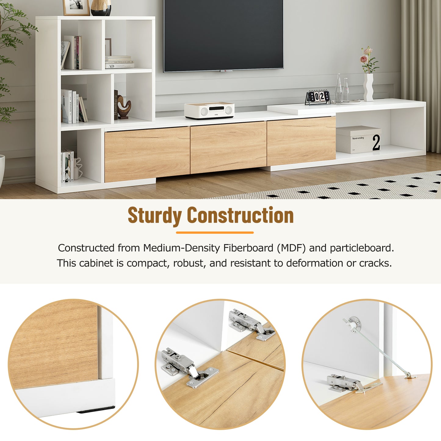 ON-TREND 74.8''-126'' Extendable TV Stand with 3 Tier Bookshelves for TVs up to 110'', Adjustable Entertainment Center with Storage Cabinets, Sliding Tabletop Media Console for Living Room, White