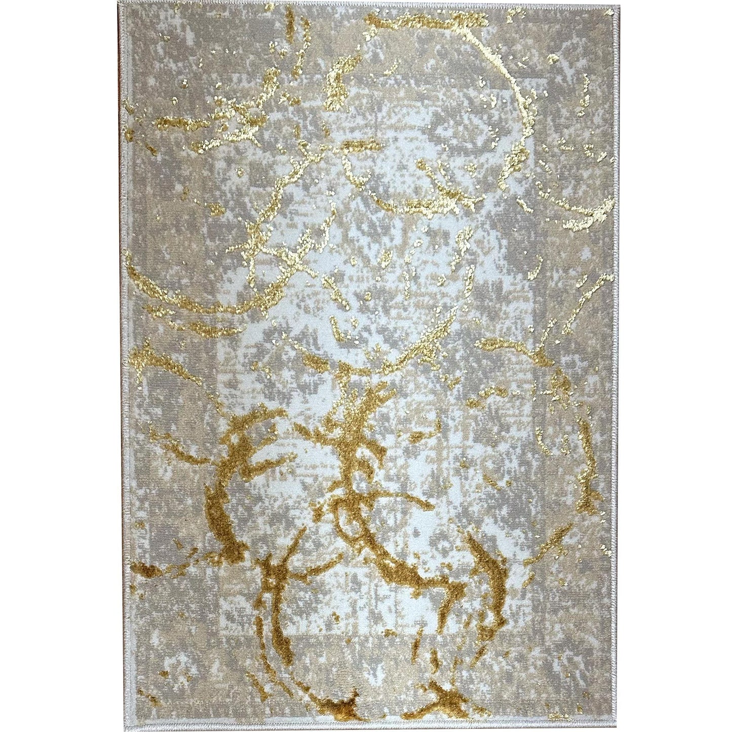 Luxury Area Rug in Beige and Gray with Gold Circles Abstract Design