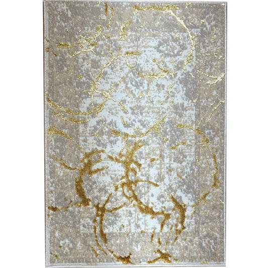 Luxury Area Rug in Beige and Gray with Gold Circles Abstract Design