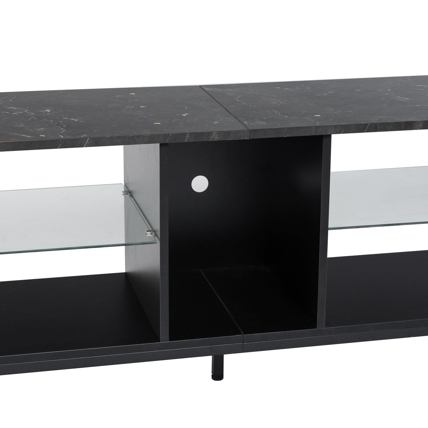 TV stand,Iron TV cabinet,entertainment center, TV set, media console, with LED lights, remote control,toughened glass stand,can be placed in the living room, bedroom, color:black with marble texture