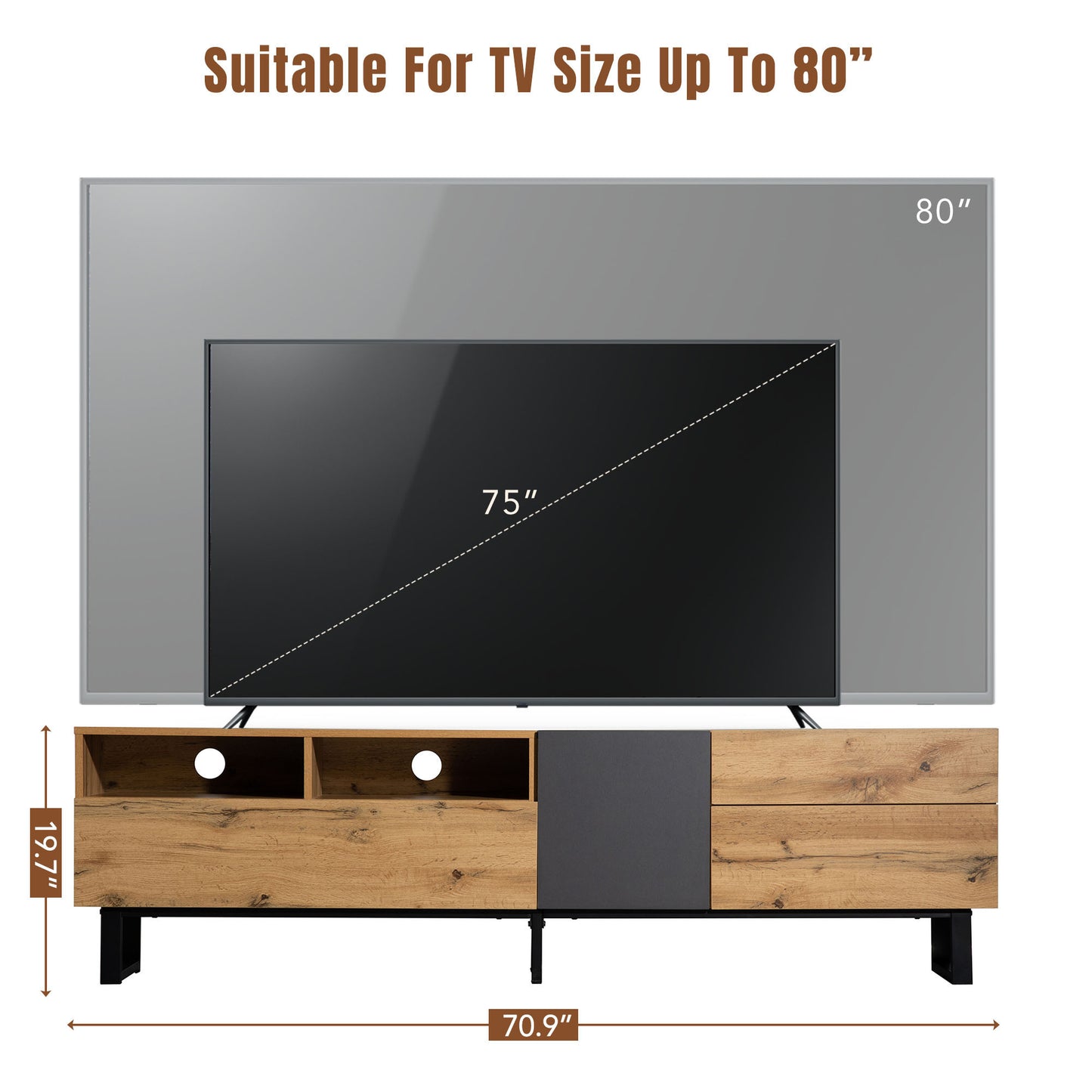 Modern TV Stand with Double Storage and Drop-Down Doors For up to 80'' TV's