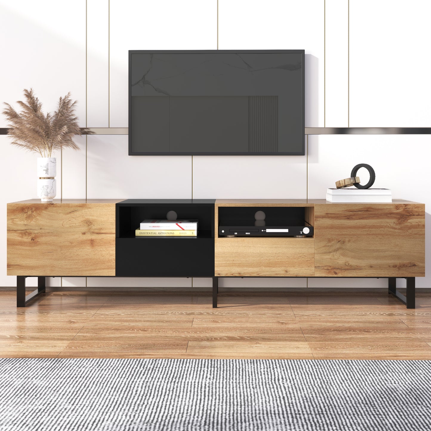 Modern TV Stand with 2 Cabinets & Open Storage Compartment, for TVs up to 85''