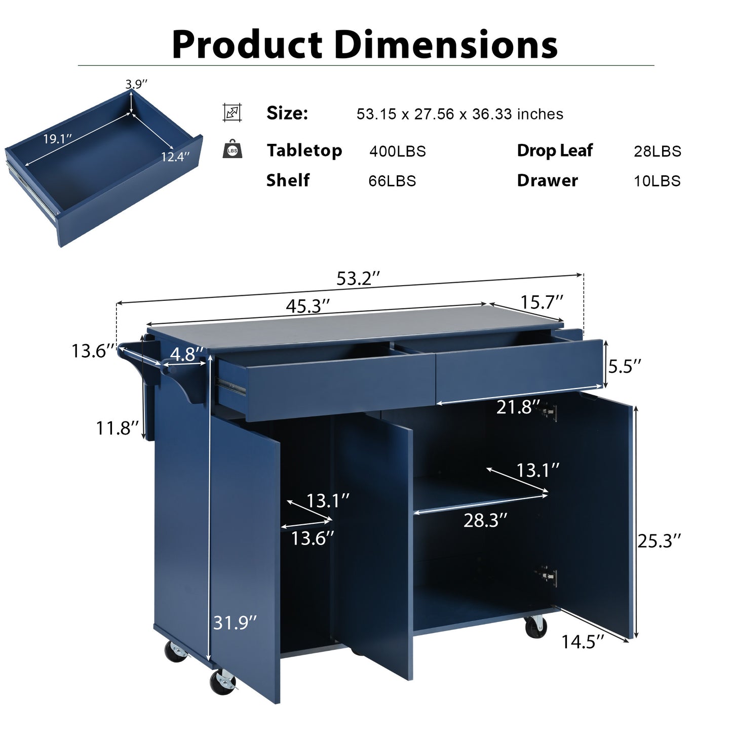 K&K 53.2''  Kitchen Island with Drop Leaf, Kitchen Storage Cart with Spice Rack, Towel Rack and 2 Drawers, Rolling Kitchen Island on Wheels with Adjustable Shelves for Kitchen, Dining Room, Navy Blue