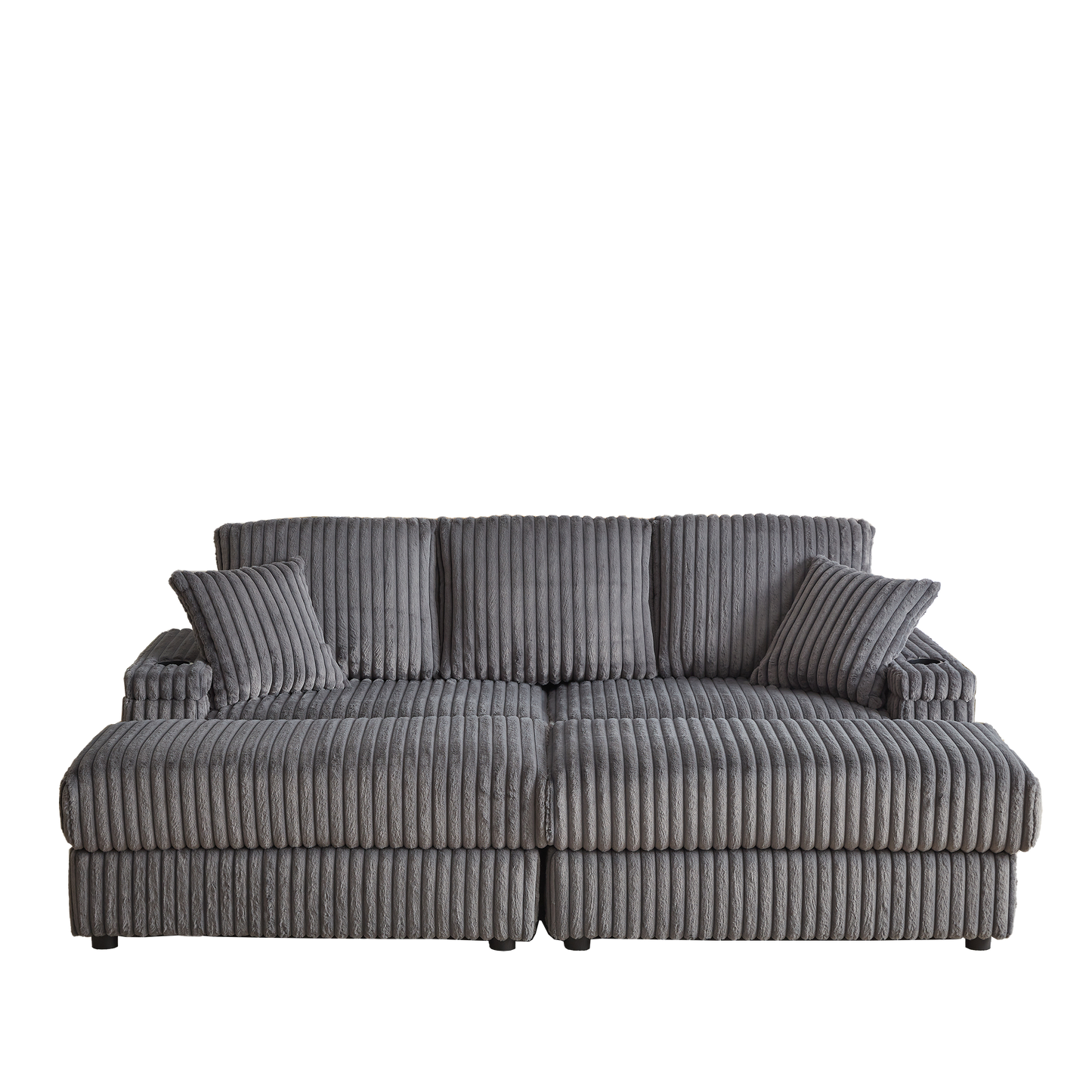 Corduroy 3-Seater Gray Sofa with Ottoman, Storage, & Cup Holders