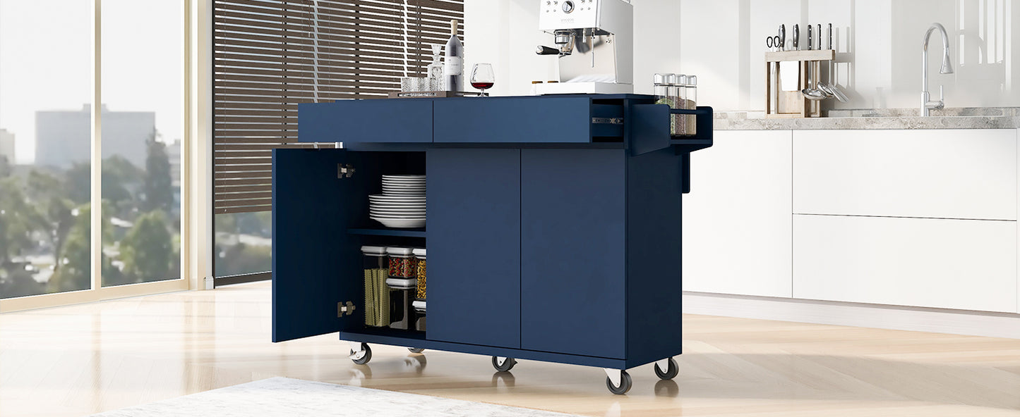 K&K 53.2''  Kitchen Island with Drop Leaf, Kitchen Storage Cart with Spice Rack, Towel Rack and 2 Drawers, Rolling Kitchen Island on Wheels with Adjustable Shelves for Kitchen, Dining Room, Navy Blue