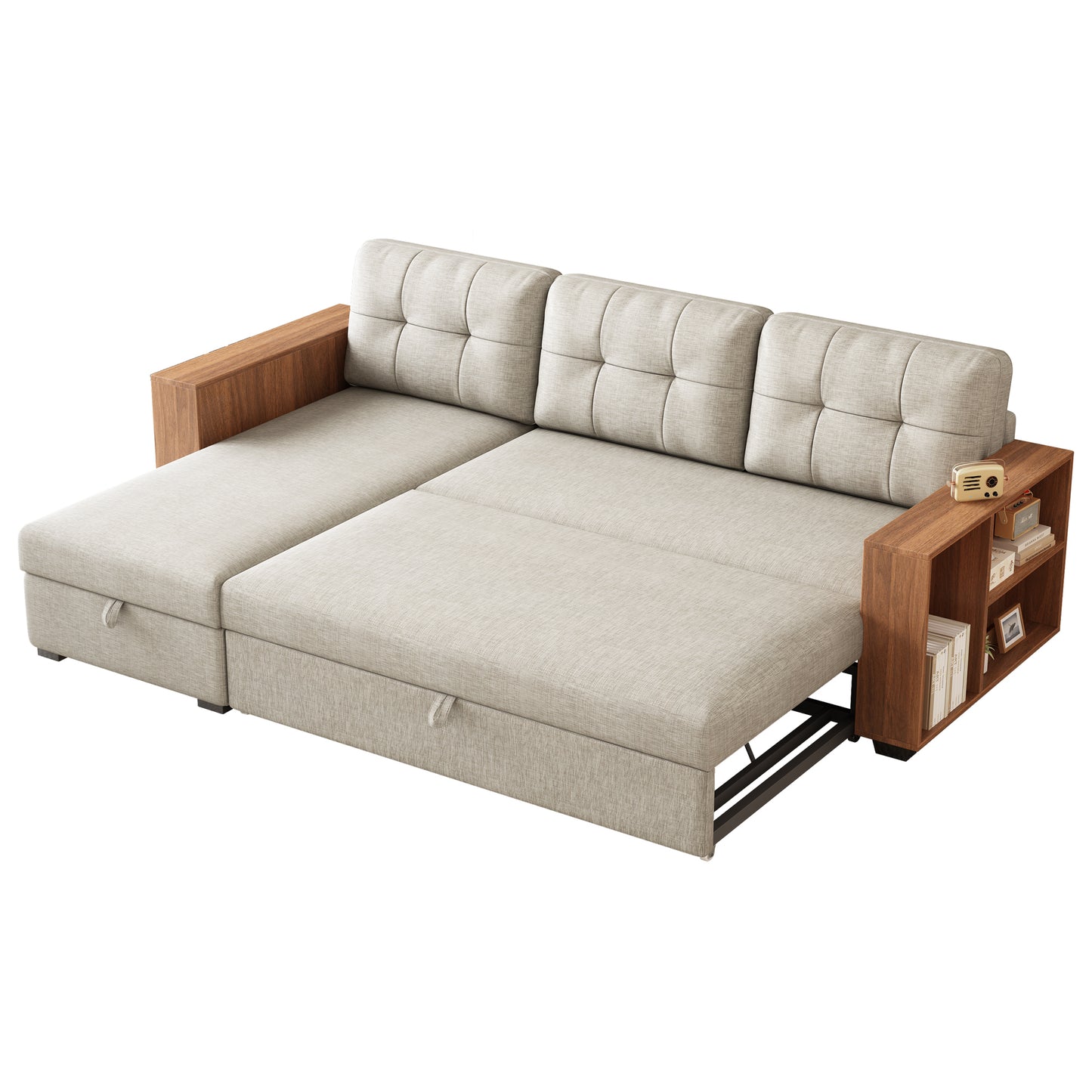 Upholstered Pull Out Sectional Sofa with Storage Chaise