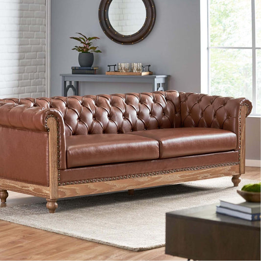 Tufted Leather 3-Seat Sofa with Wooden Legs