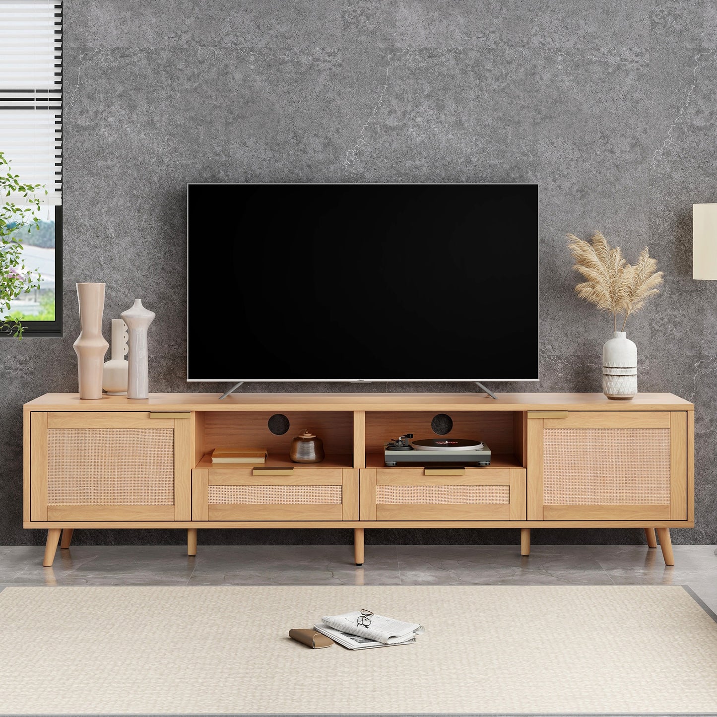 Rattan TV Stand for TVs up to 85'', Modern Farmhouse Media Console, Entertainment Center with Solid Wood Legs, TV Cabinet for Living Room,Home Theatre