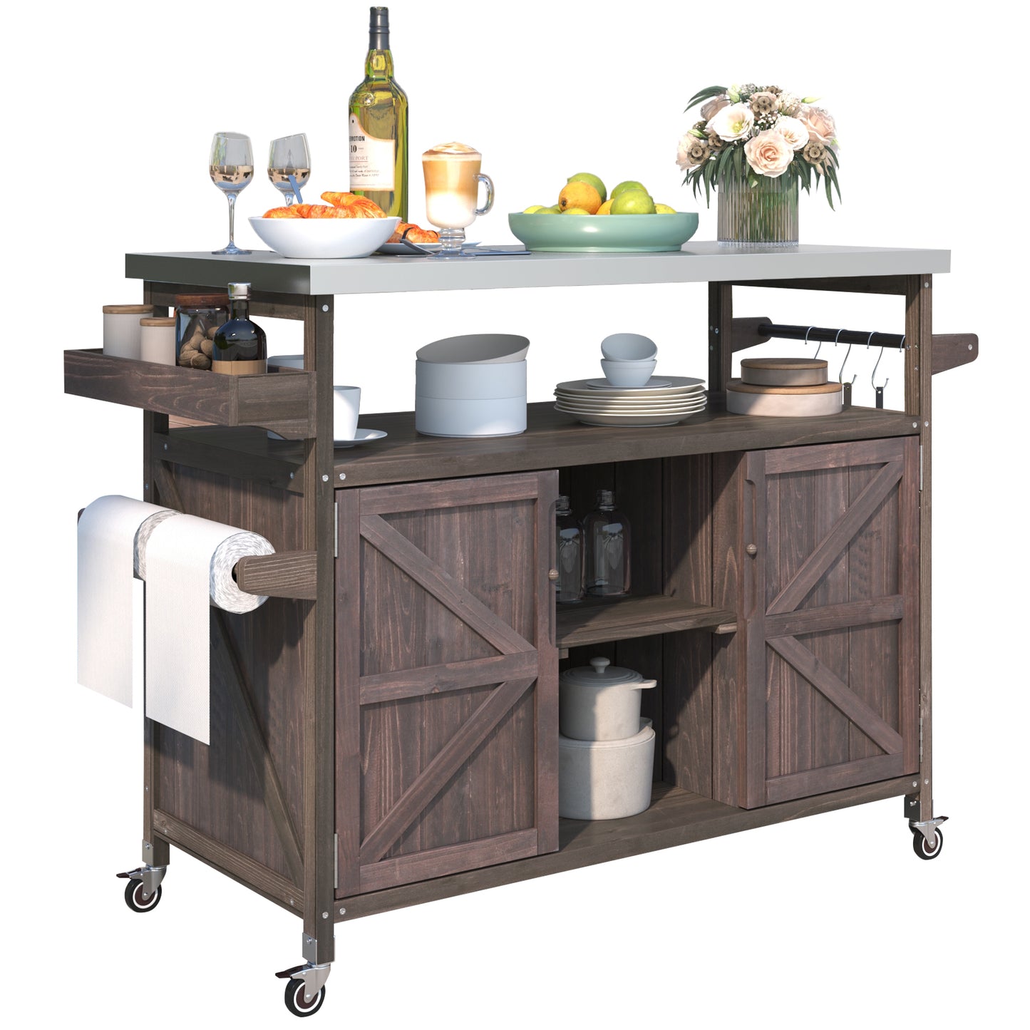 K&K Outdoor Kitchen Island, Rolling Bar Cart & Storage Cabinet, Farmhouse Solid Wood Outdoor Grill Table with Stainless Steel Top, Spice Rack , Towel Rack for Kitchen & Barbecue , Dark Brown