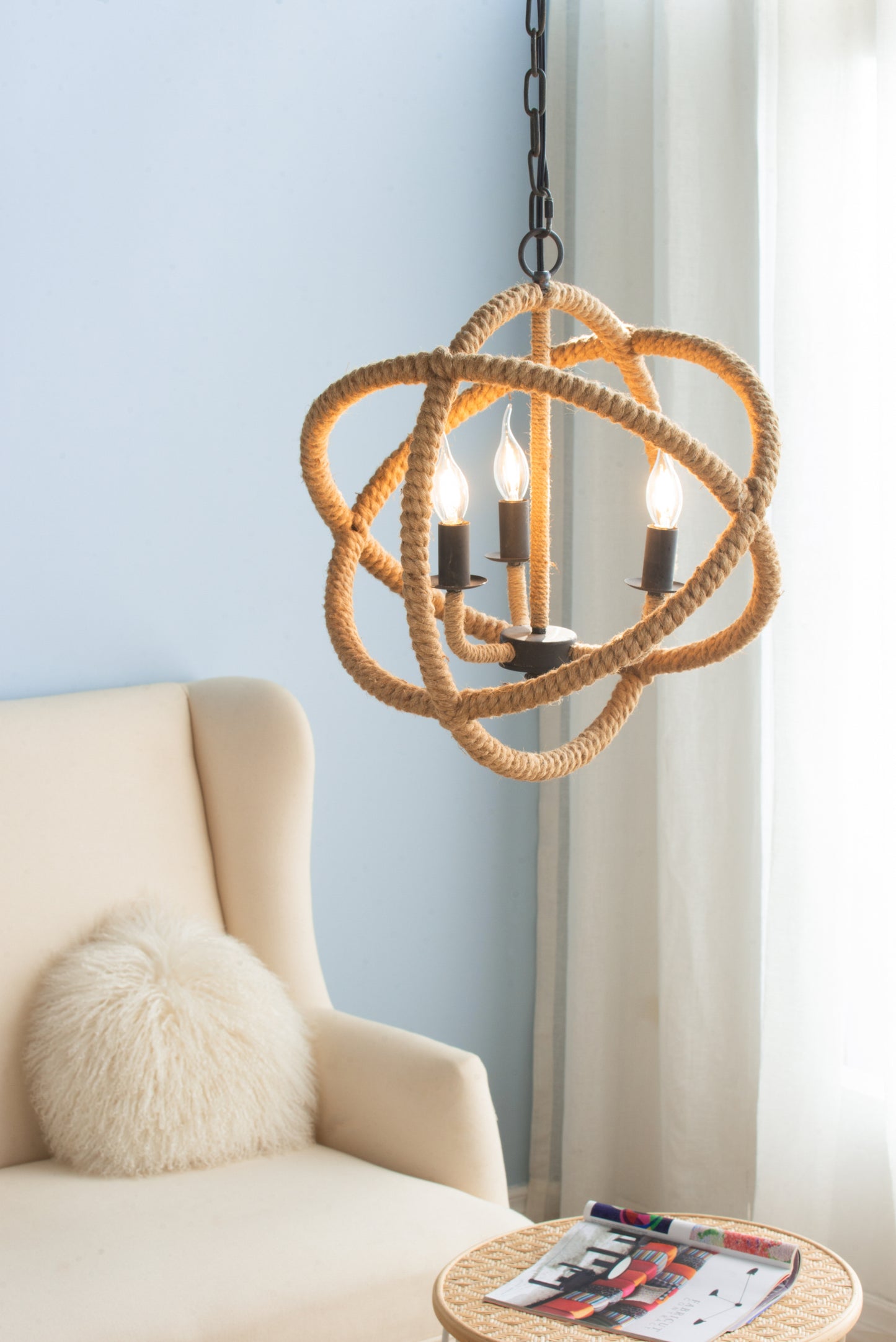 3- Light Farmhouse Chandelier, Rope Chandelier Globe Hanging Light Fixture with with Adjustable Chain for Kitchen Dining Room Foyer Entryway, Bulb Not Included