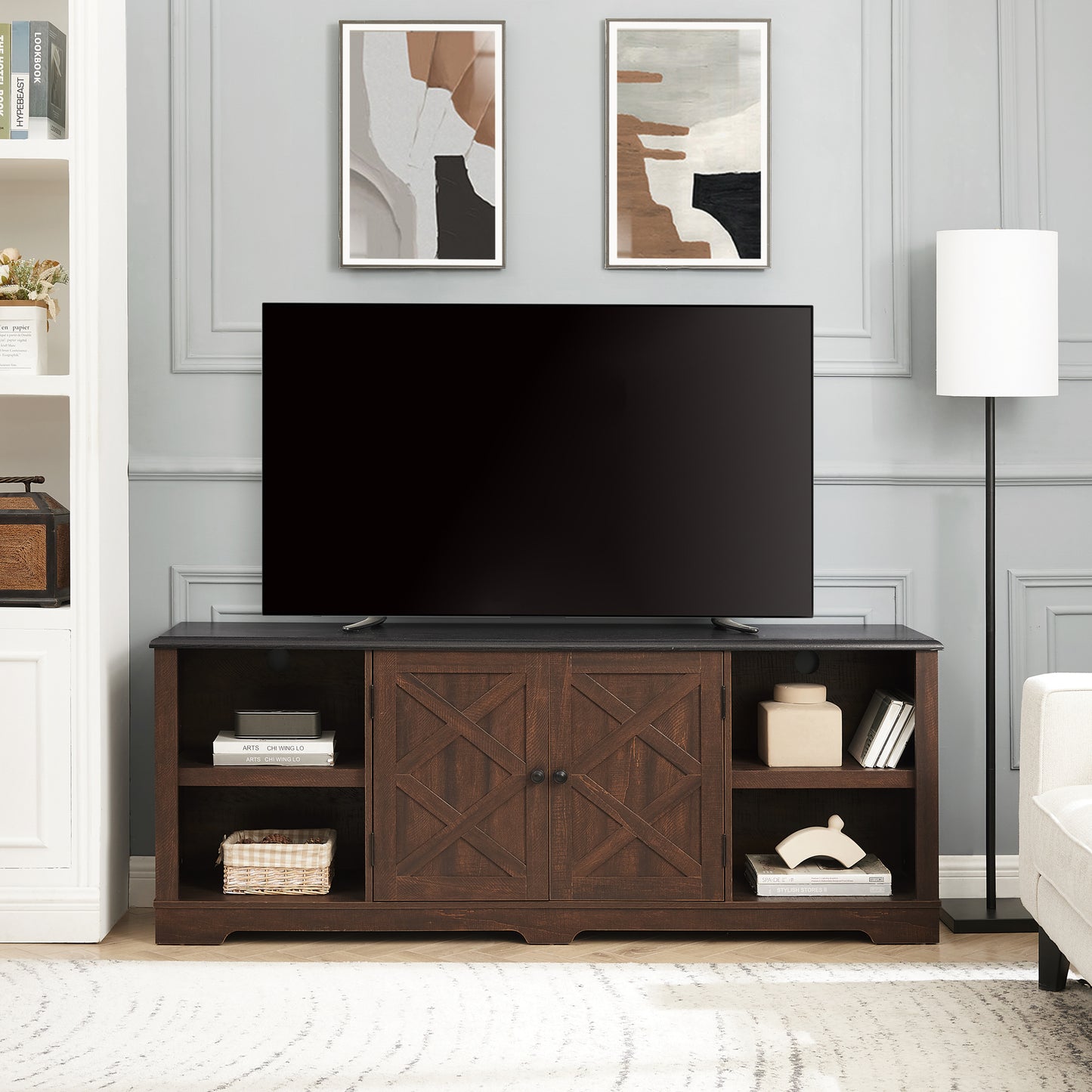 Modern Farmhouse Entertainment Console, Barn Door Design with Shelves and Cabinets For up to 80'' TV's