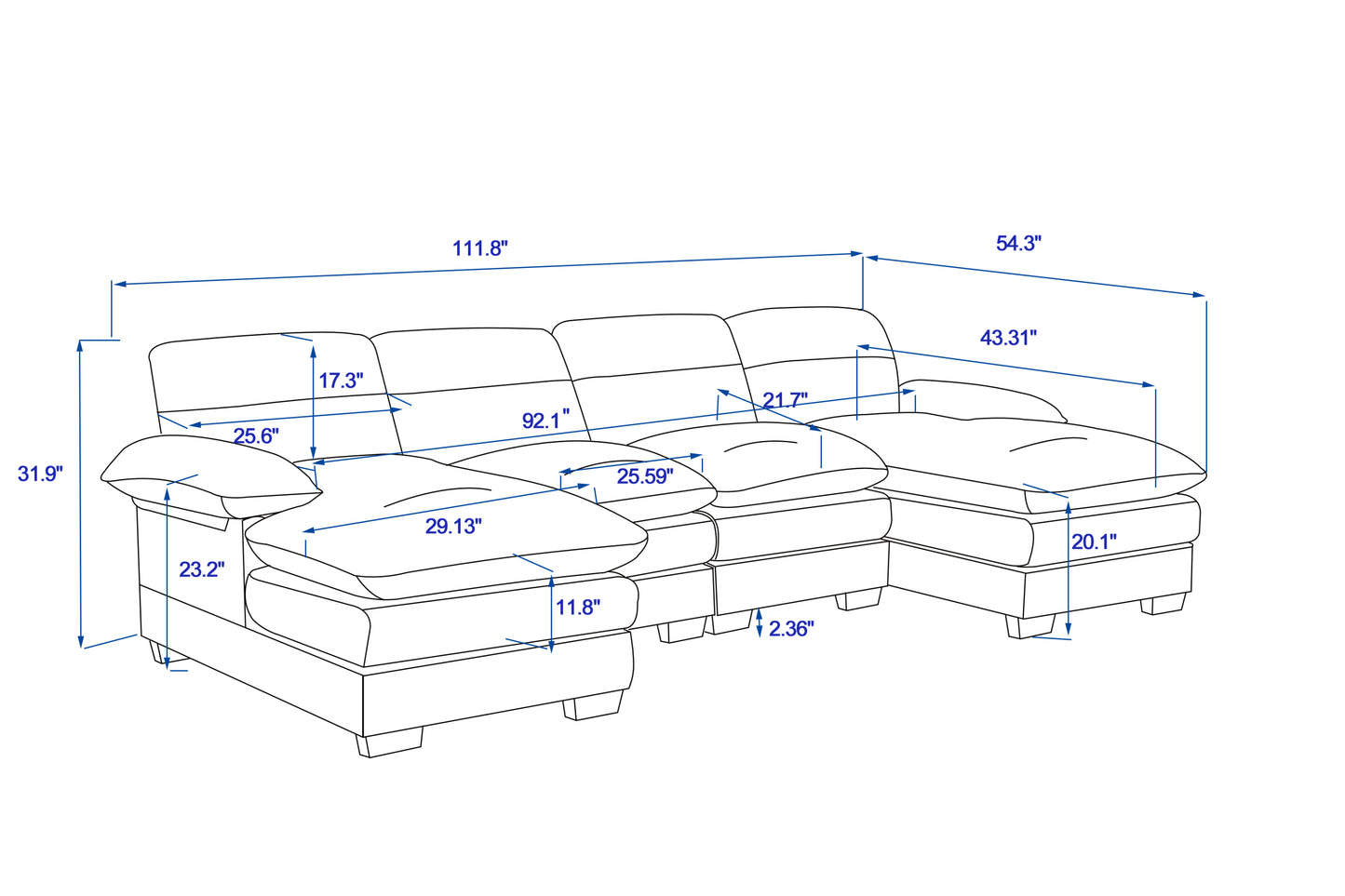 U-Shape Modular Corduroy Sofa - 2 Single Seats & 2 Chaises for Ultimate Comfort