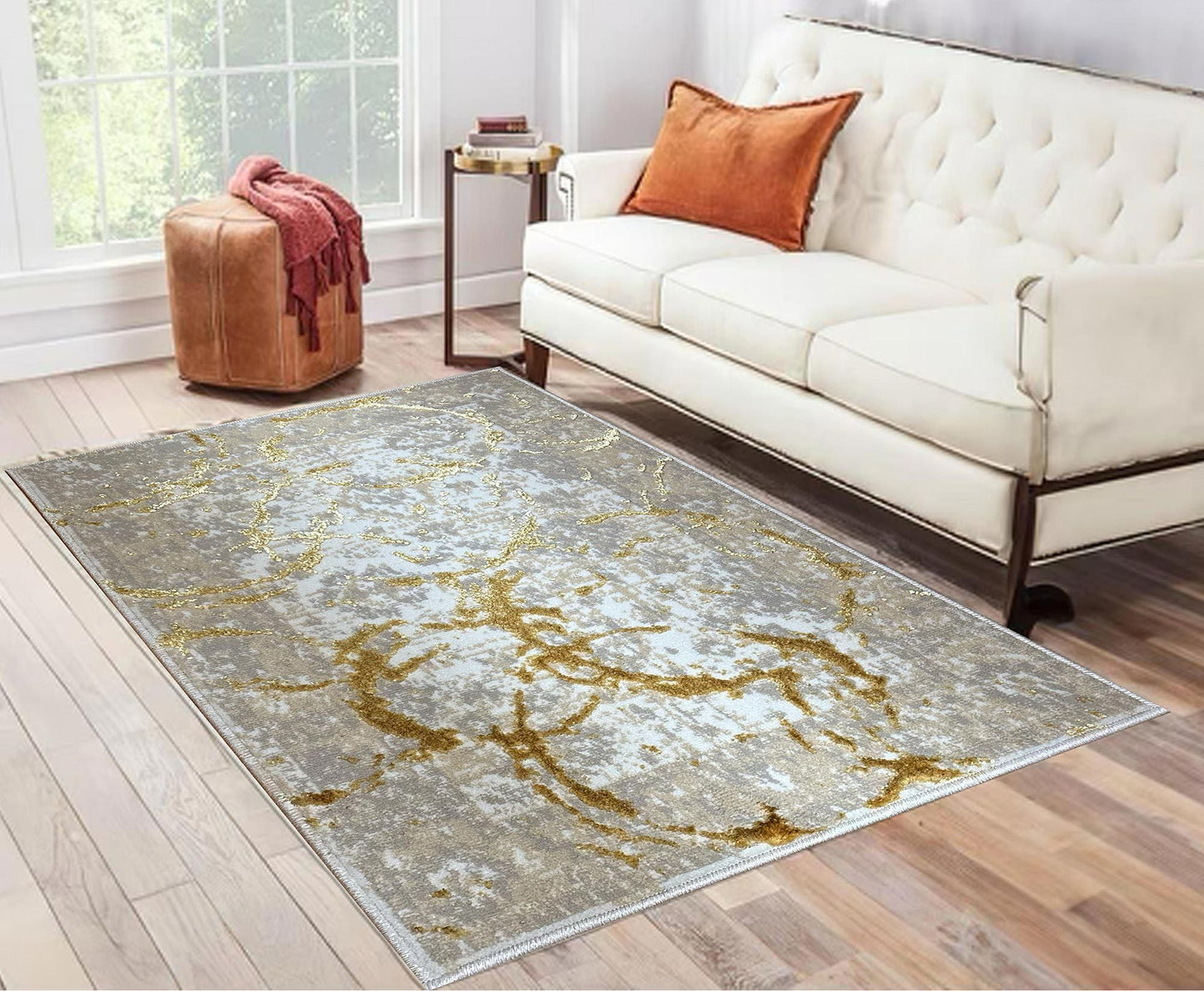 Luxury Area Rug in Beige and Gray with Gold Circles Abstract Design