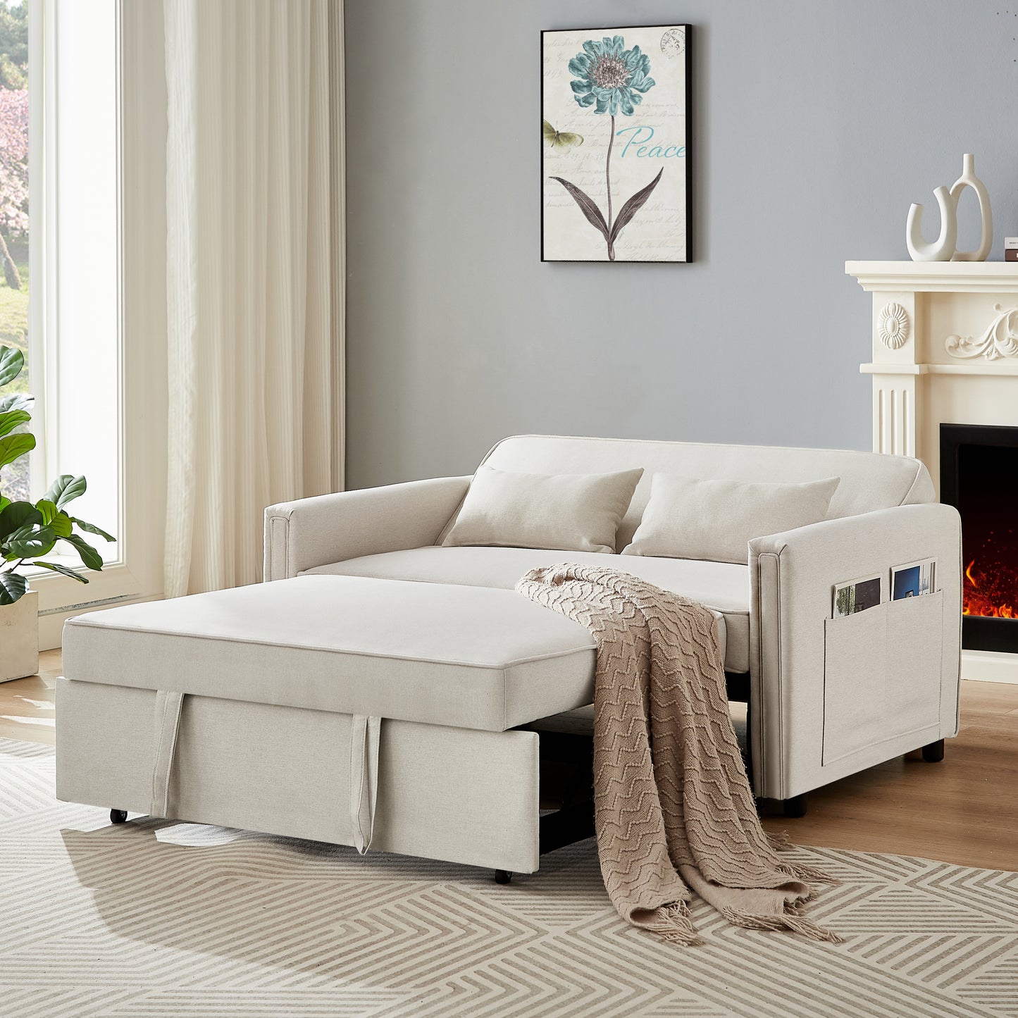 Modern Linen Loveseat Sleeper Sofa with Adjustable Backrest & Pull-Out Bed with 2 Lumbar Pillows