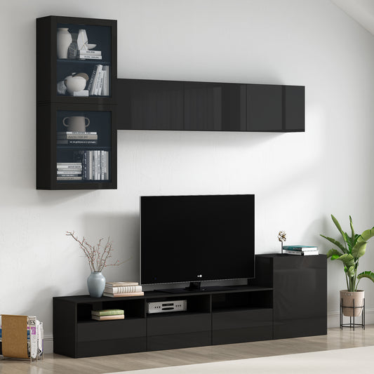 ON-TREND High Gloss TV Stand with Ample Storage Space, Media Console for TVs Up to 78", Versatile Entertainment Center with Wall Mounted Floating Storage Cabinets for Living Room, Black