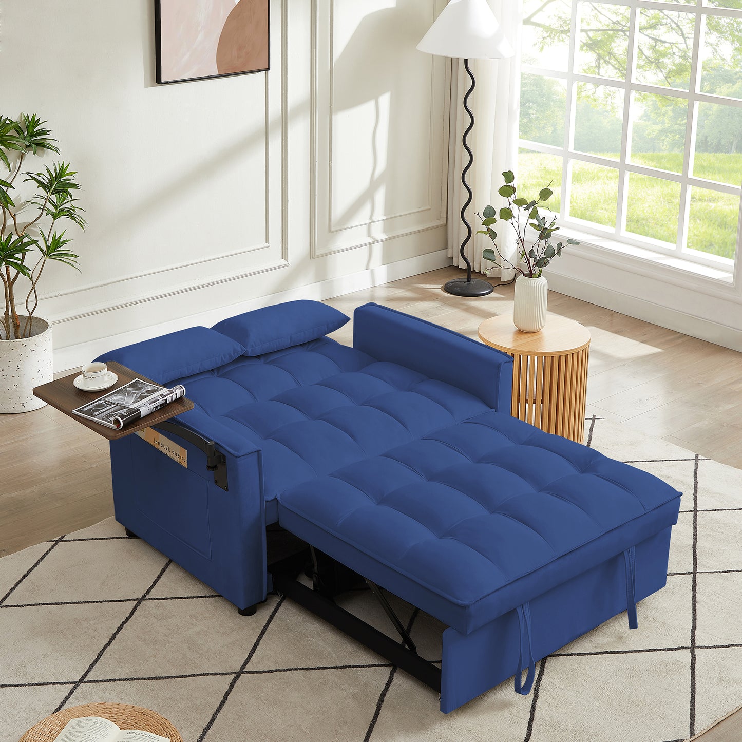 Blu Velvet Loveseat Sleeper Sofa Bed with Side Table