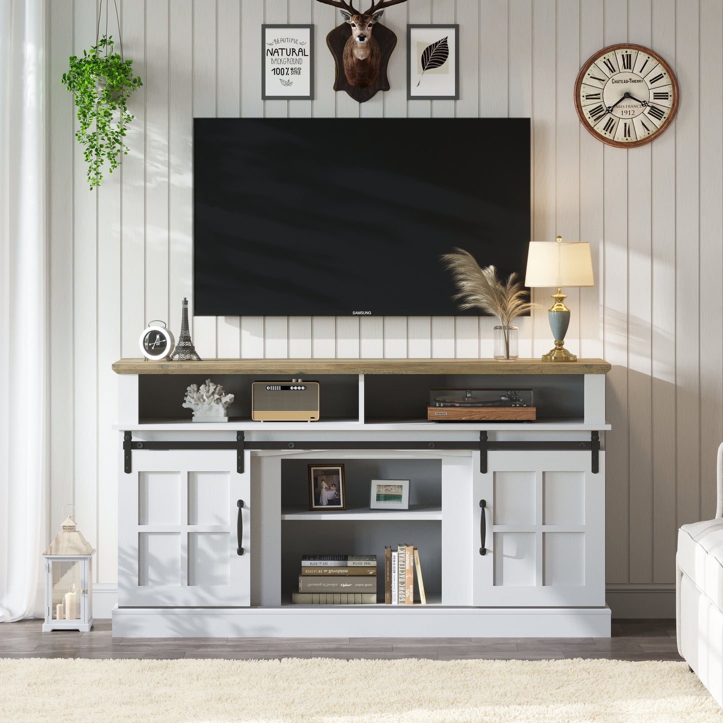 Farmhouse TV Stand with Storage Cabinet and Shelves For up to 55" TV's