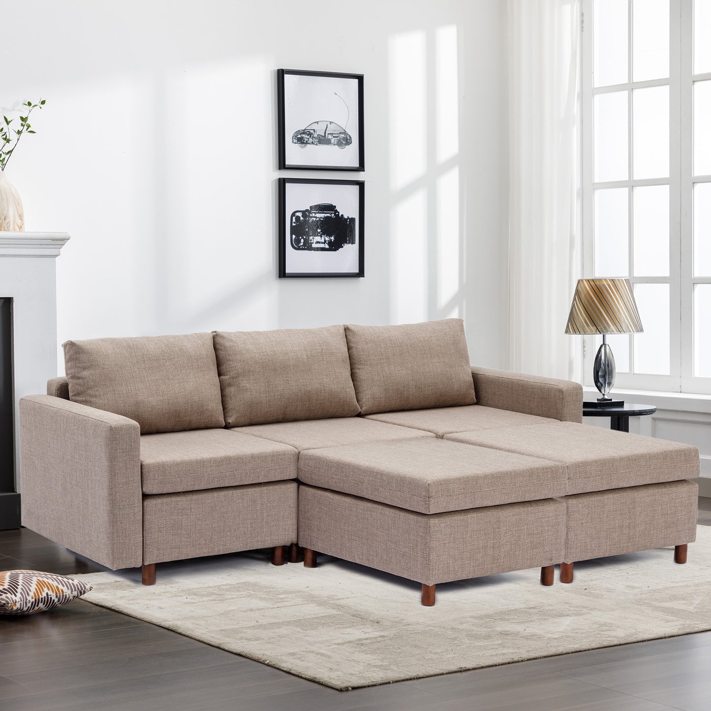 3-Seat Modular Sectional Sofa with 2 Ottomans